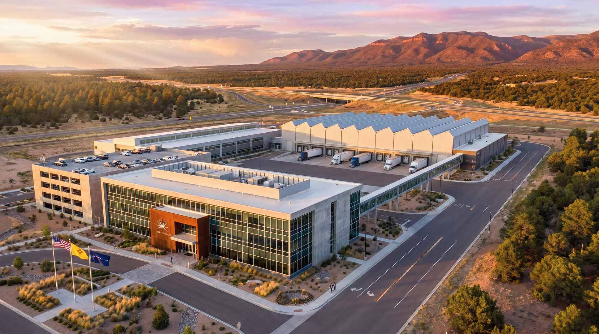 AI-directed visualization of the Liberty Fusion future HQ campus in New Mexico.