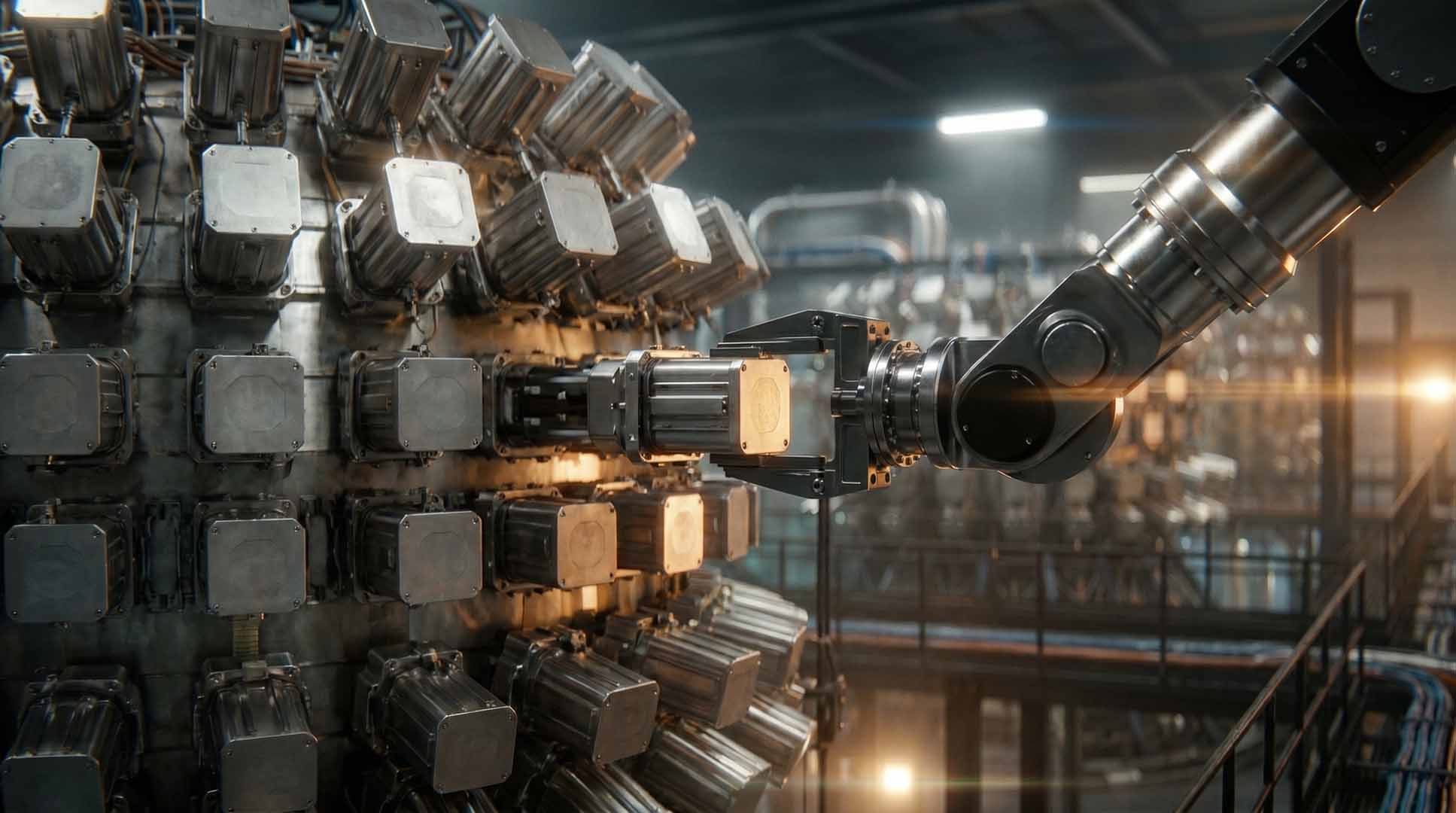 AI-directed visualization of a modular 7-gun plasma jet array getting replaced in a PJMIF reactor.